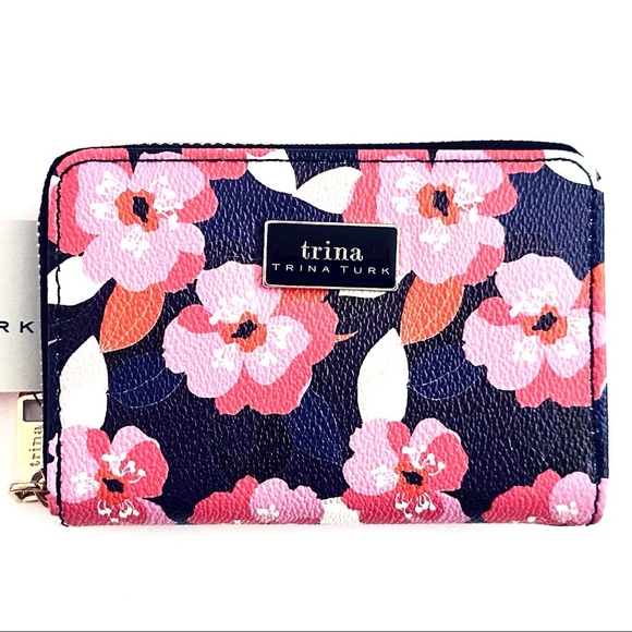 Trina Turk Handbags - NWT Trina Turk Vegan Leather Zip Around Wallet Navy Blue & Pink NEW IN GIFT BOX